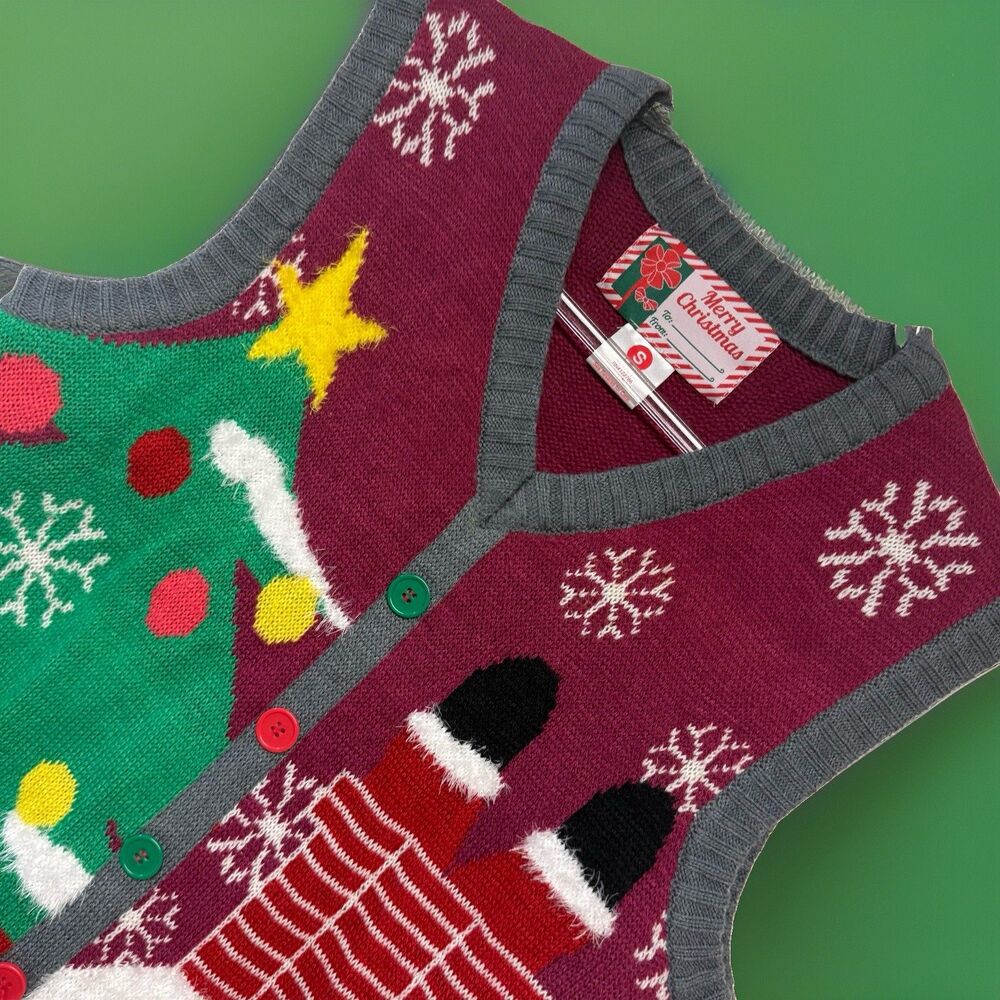 Ugly Christmas Sweater Vest Santa Chimney Christmas Tree Burgandy Mens S